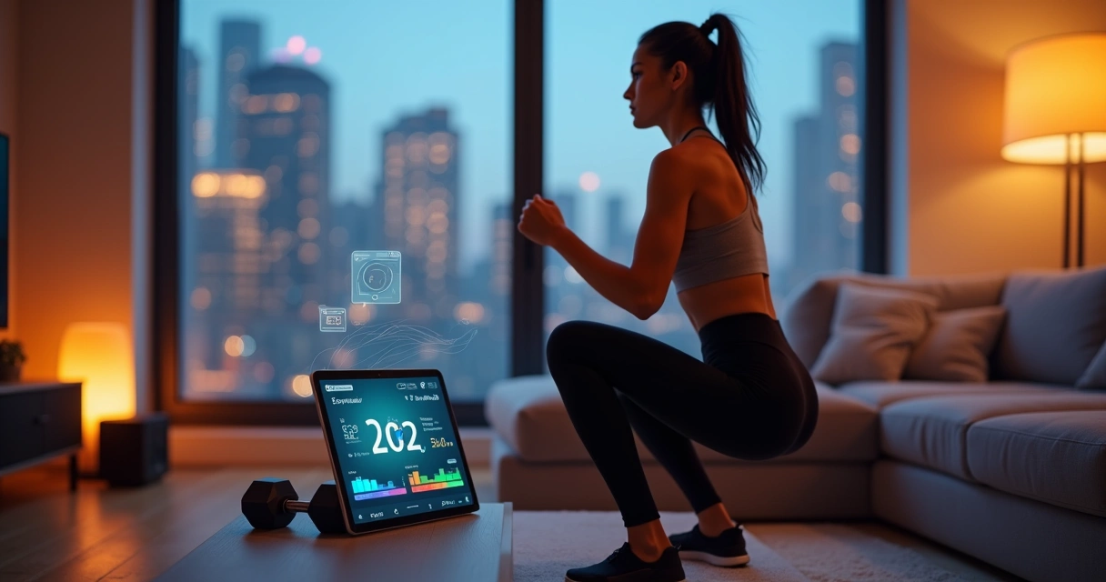 Mulher ajustando app de treino com IA em tablet enquanto se exercita em casa 