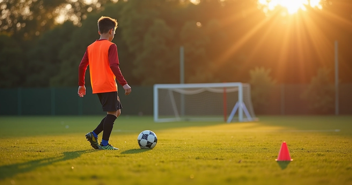 Jovem atleta treinando sozinho com bola em campo de futebol 