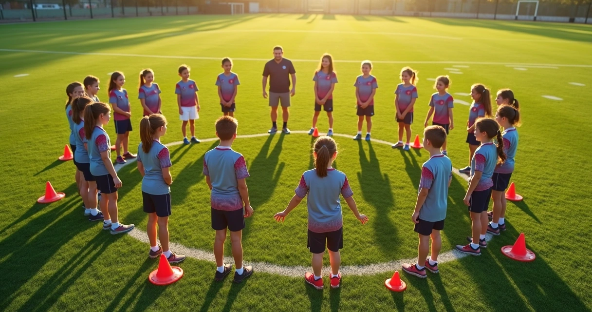 Crianças em círculo em treino lúdico de futebol 