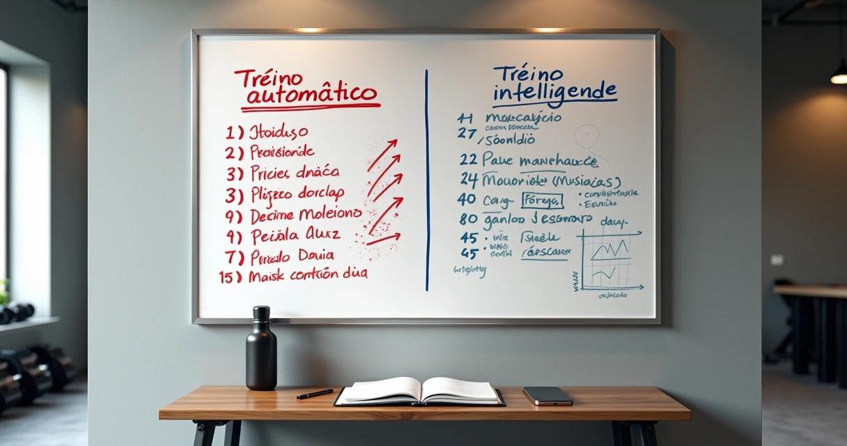 Comparação visual entre treino inteligente planejado e treino automático bagunçado em quadro branco de academia 