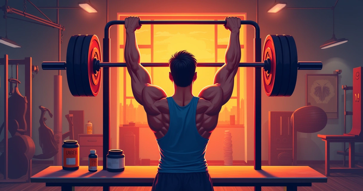 Ilustração de um homem levantando pesos na academia, com um frasco de suplemento pré-treino e energia visível. 