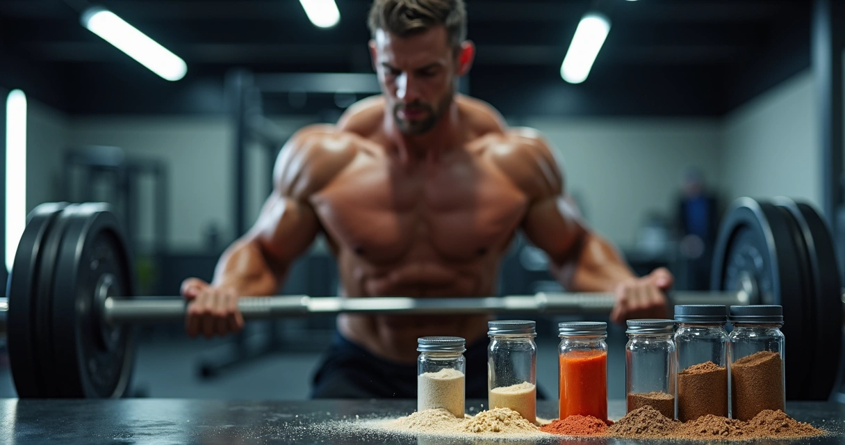 Homem treinando pesado com barra, ao fundo suplementos ao lado da área de treino. 