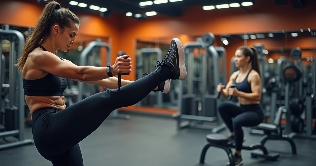 Mulher fazendo leg press combinando com agachamento livre ao lado 