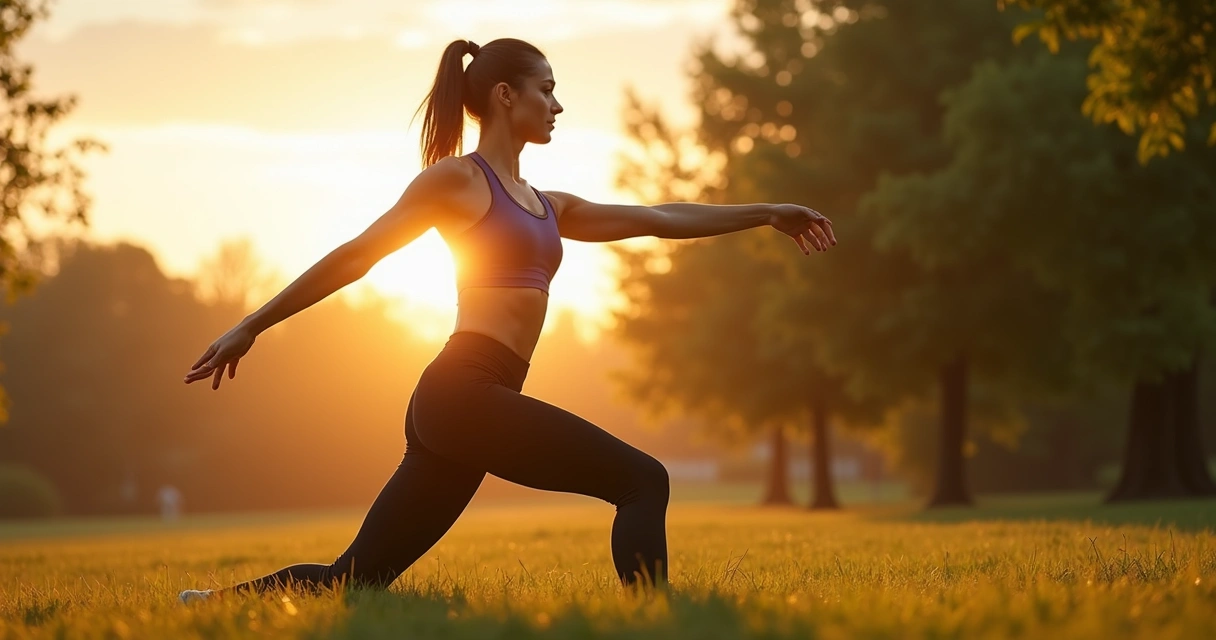 Pessoa alongando antes do treino matinal com o sol nascendo ao fundo