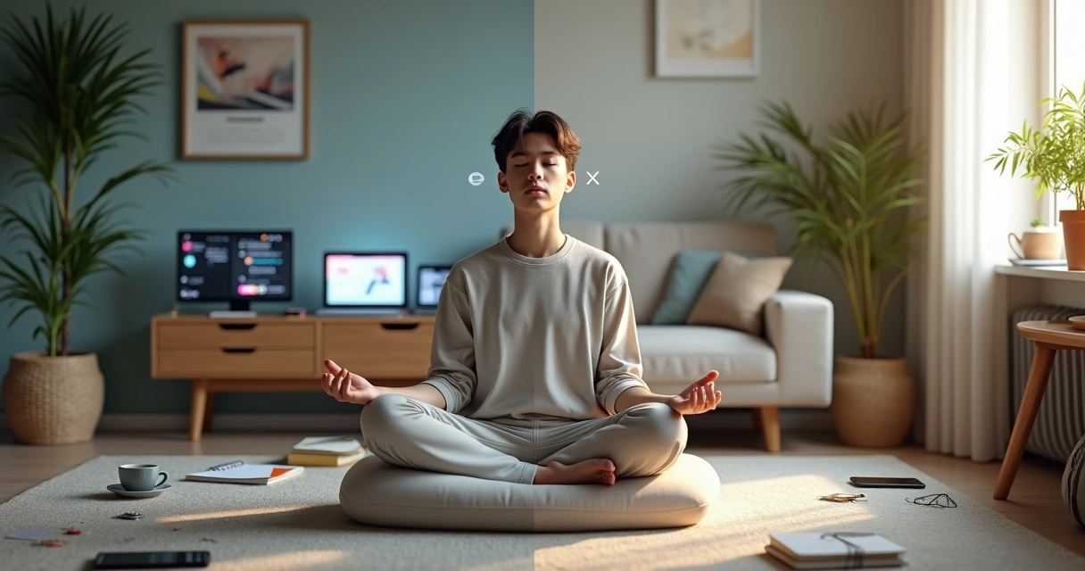 Pessoa sentada em meditação em uma sala com metade focada e metade cheia de distrações 