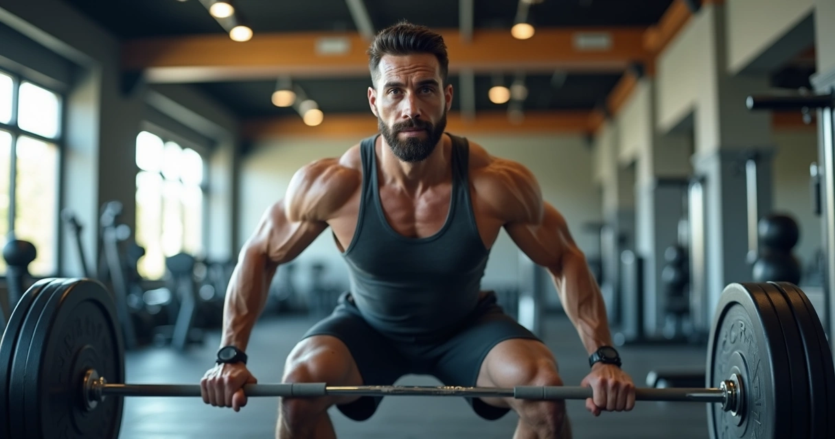 Homem treinando musculação com barra fazendo agachamento em academia moderna com equipamentos ao fundo 