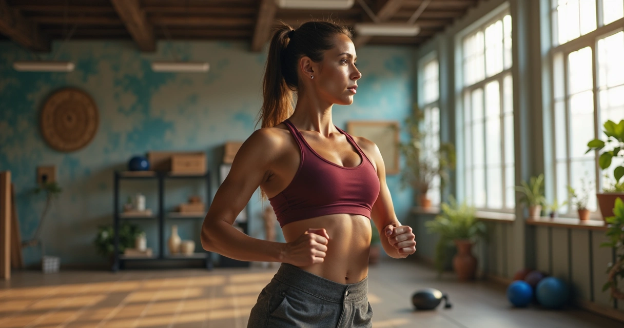 Mulher treinando musculação em academia moderna com alimentos saudáveis ao lado em mesa 