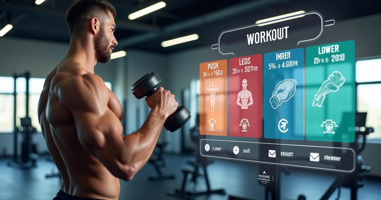 Homem realizando treino de musculação com divisão de sessões em 5 dias detalhado em gráfico ao fundo 