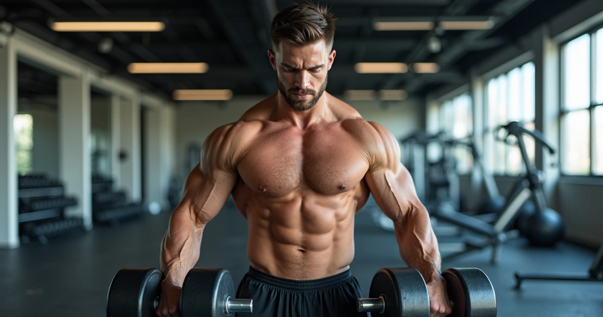 Homem treinando musculação com halteres em academia bem iluminada 