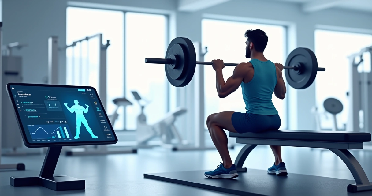 Treinador virtual acompanhando aluno em treino de musculação 