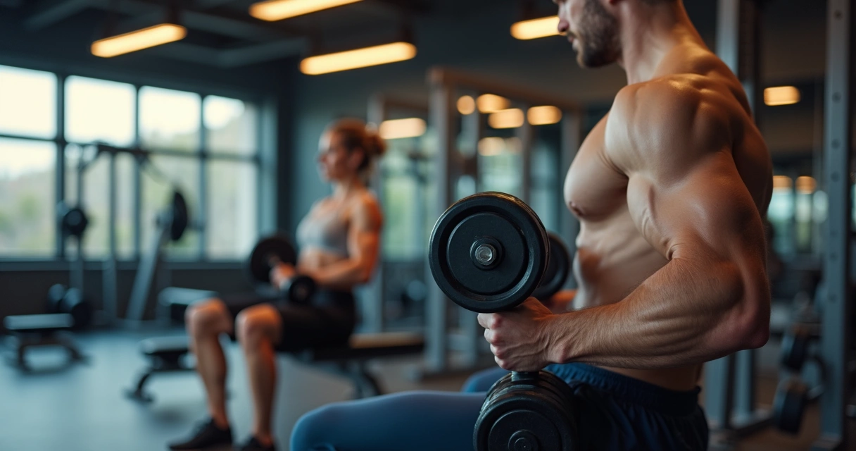 Homem e mulher treinando musculação com app de treino no celular na academia 