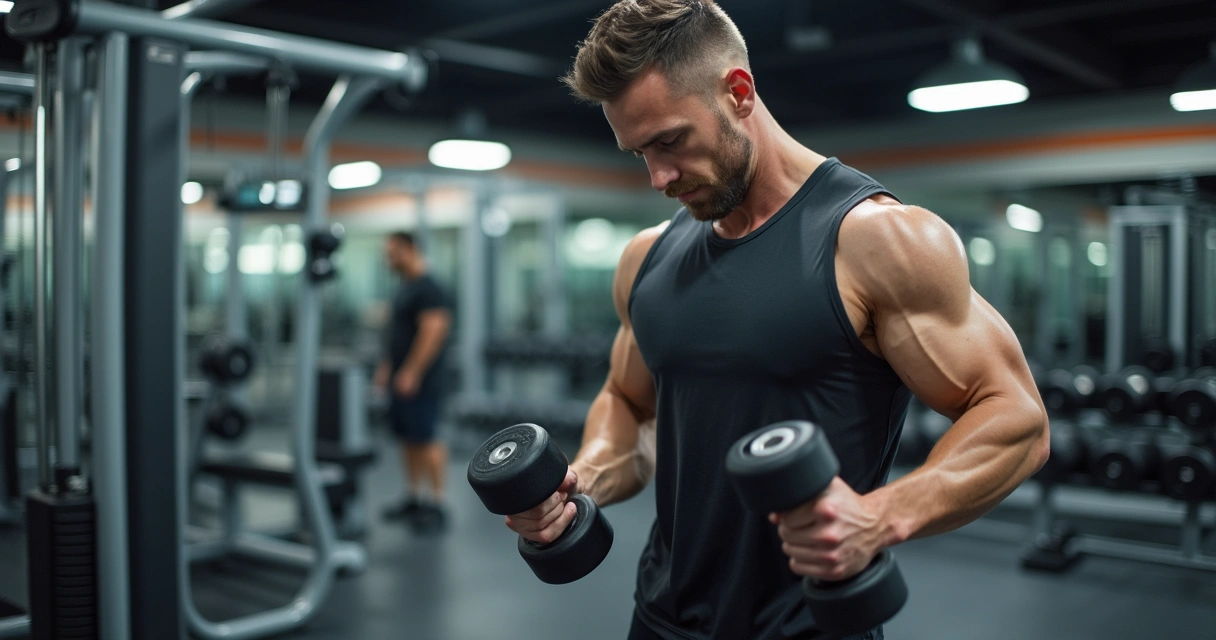 Homem fazendo musculação moderada com orientação na academia 