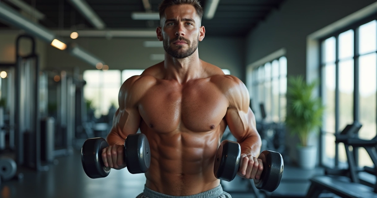 Pessoa treinando musculação com halteres em academia moderna, ambiente iluminado e equipamentos ao fundo 