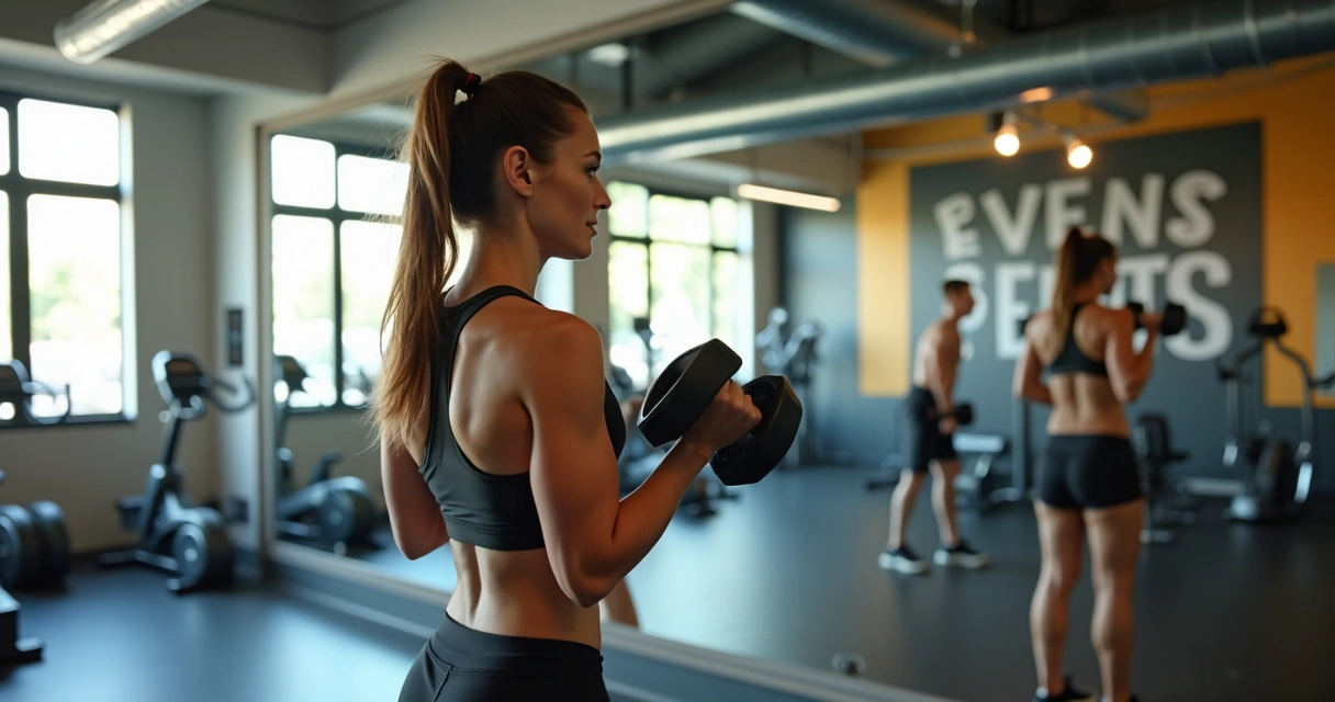 Mulher jovem treinando musculação na academia