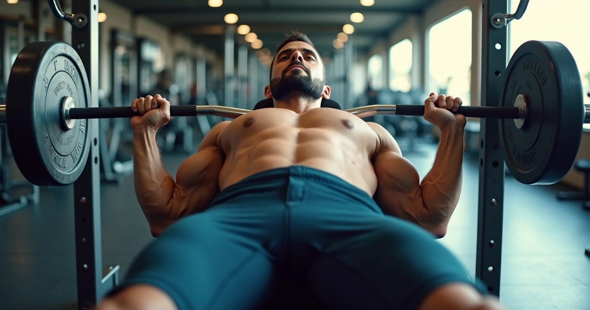Homem realizando supino com técnica correta em academia moderna, luz natural destacando músculos e postura 