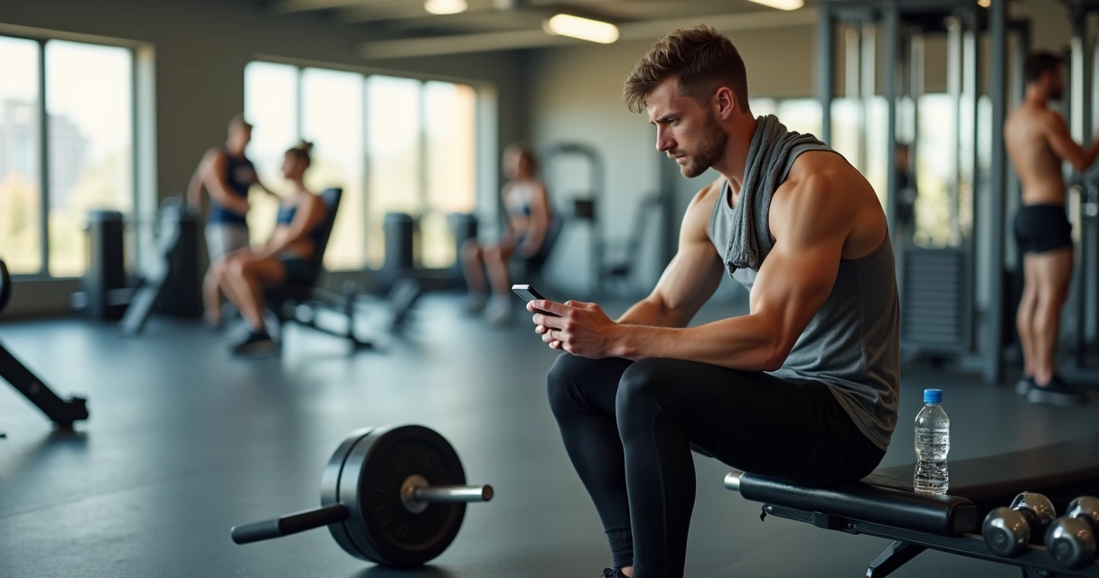 Pessoa cansada olhando para celular na academia ao lado de pesos e máquinas de musculação 