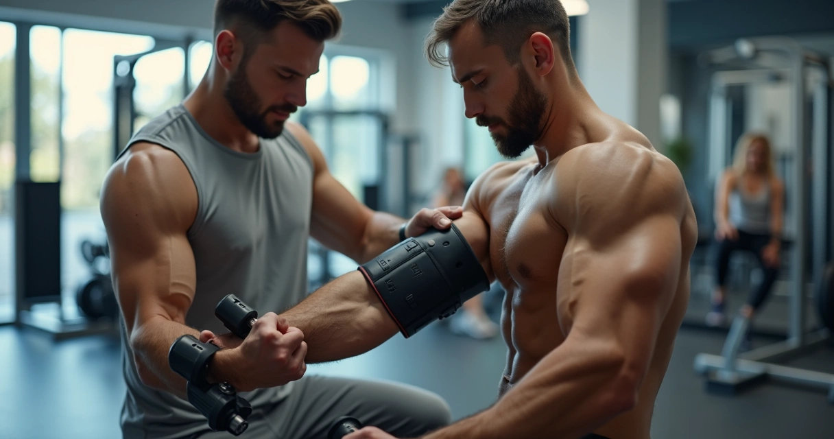 Personal ajustando faixa de oclusão vascular no braço de aluno durante treino de força 