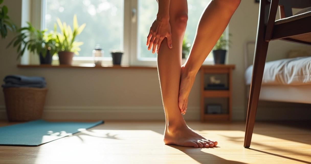 Pessoa treinando panturrilha em pé na ponta dos pés na sala de casa 