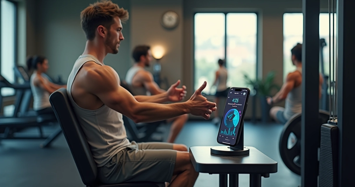 Homem ajustando carga em máquina de musculação fazendo repetição parcial com relógio marcando intervalo de descanso ao fundo 