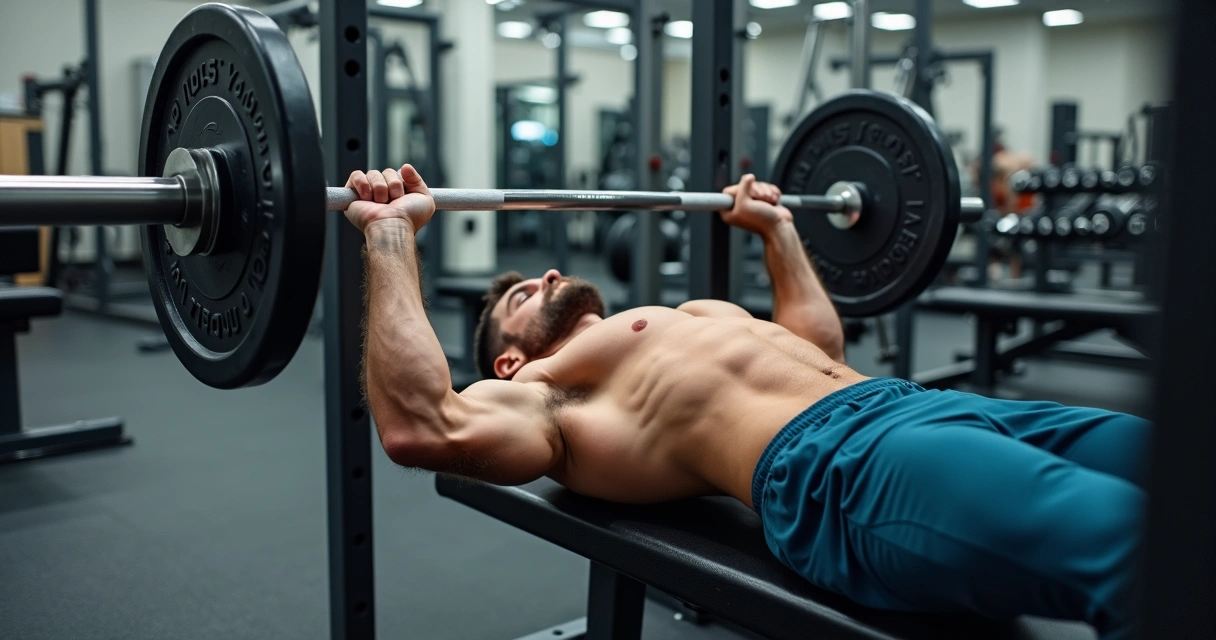 Homem treinando peito em supino reto com barra na academia 