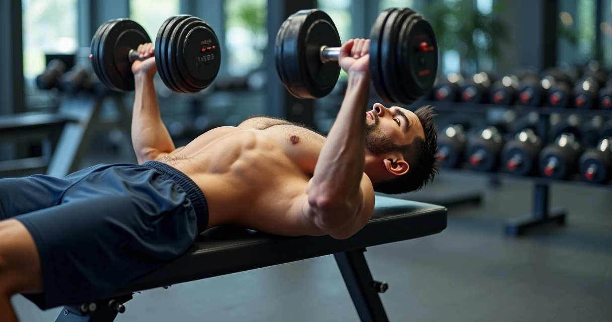 Homem fazendo supino reto com halteres em academia moderna 