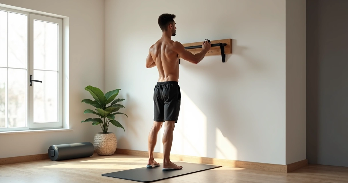 Pessoa treinando peitoral e dorsal em espaldar de madeira em sala de casa 