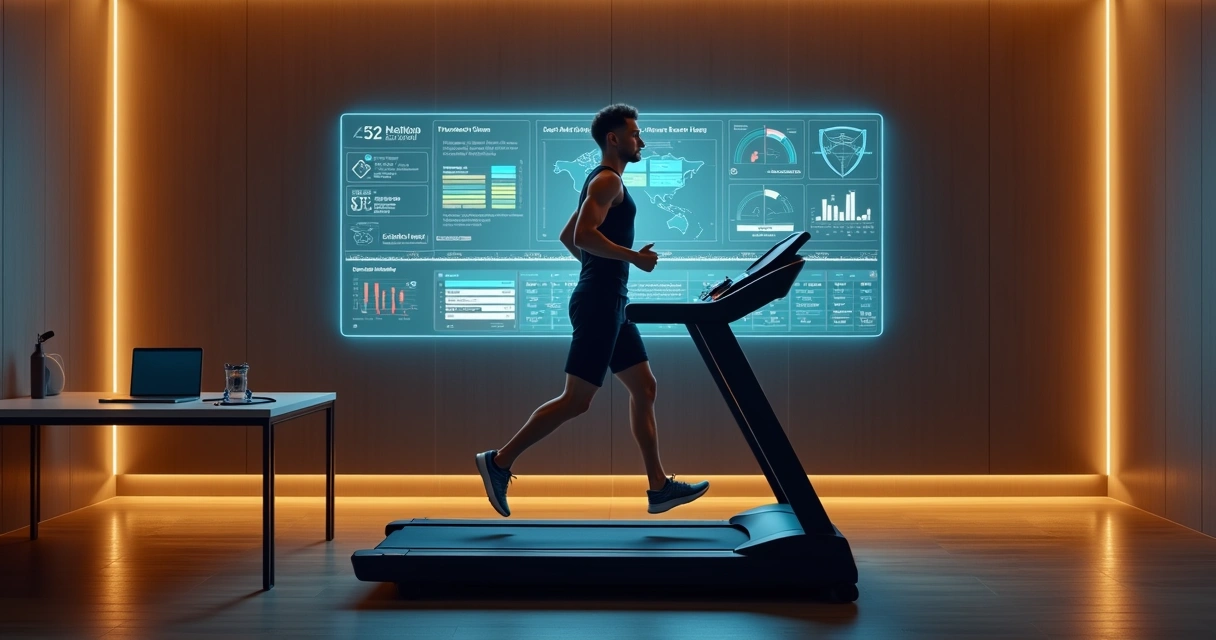 Atleta em esteira com gráficos de performance ao redor 