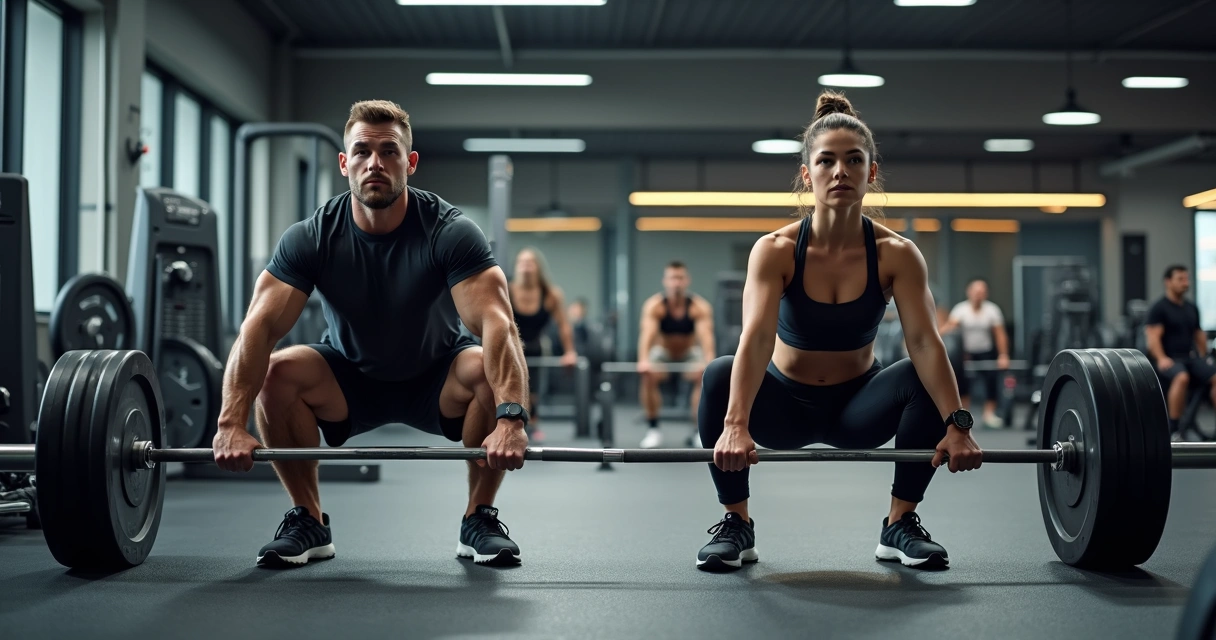 Homem e mulher executando agachamento na academia focando treino de pernas 