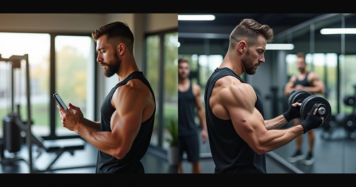 Homem treinando musculação assistido por personal trainer online no celular versus homem malhando com personal trainer presencial na academia, ambiente moderno e bem iluminado 