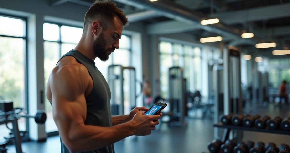 Homem treinando musculação guiado por aplicativo no celular na academia com equipamentos ao fundo 