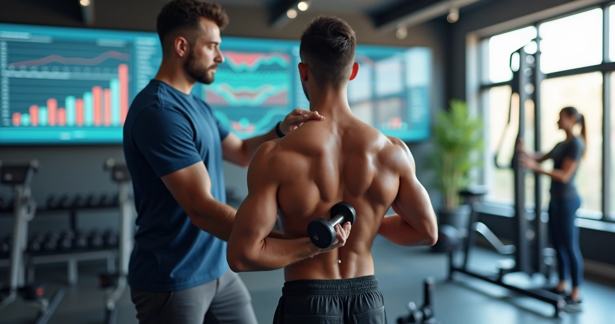 Homem treinando musculação com personal trainer e equipamentos variados em academia moderna 