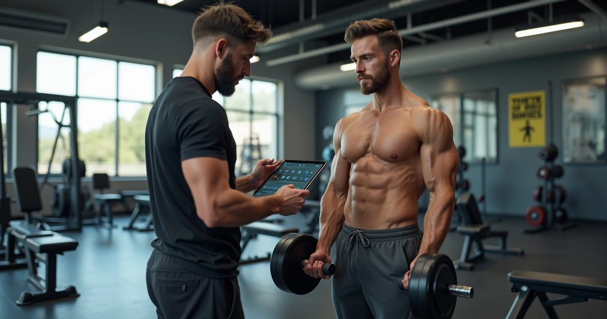 Homem treinando musculação com personal trainer e equipamentos modernos em academia bem iluminada 