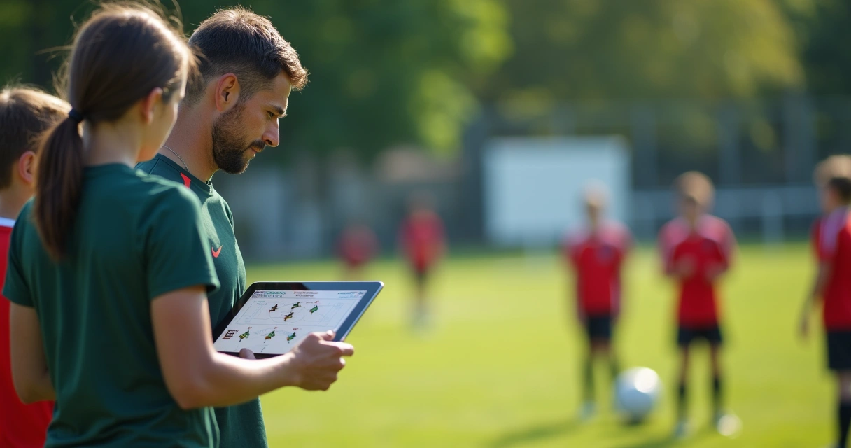 Grupo de alunos recebendo instrução personalizada do treinador com tablet