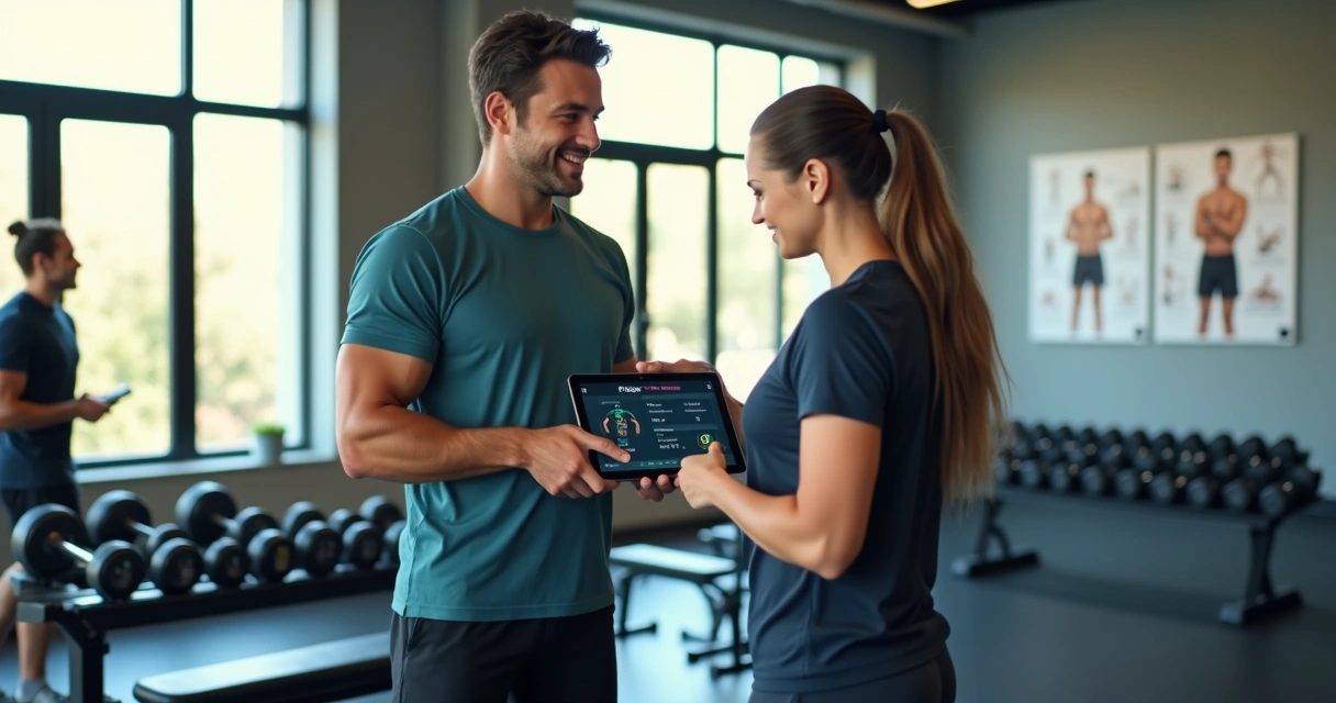 Mulher iniciante recebendo orientação de treino personalizado na academia 