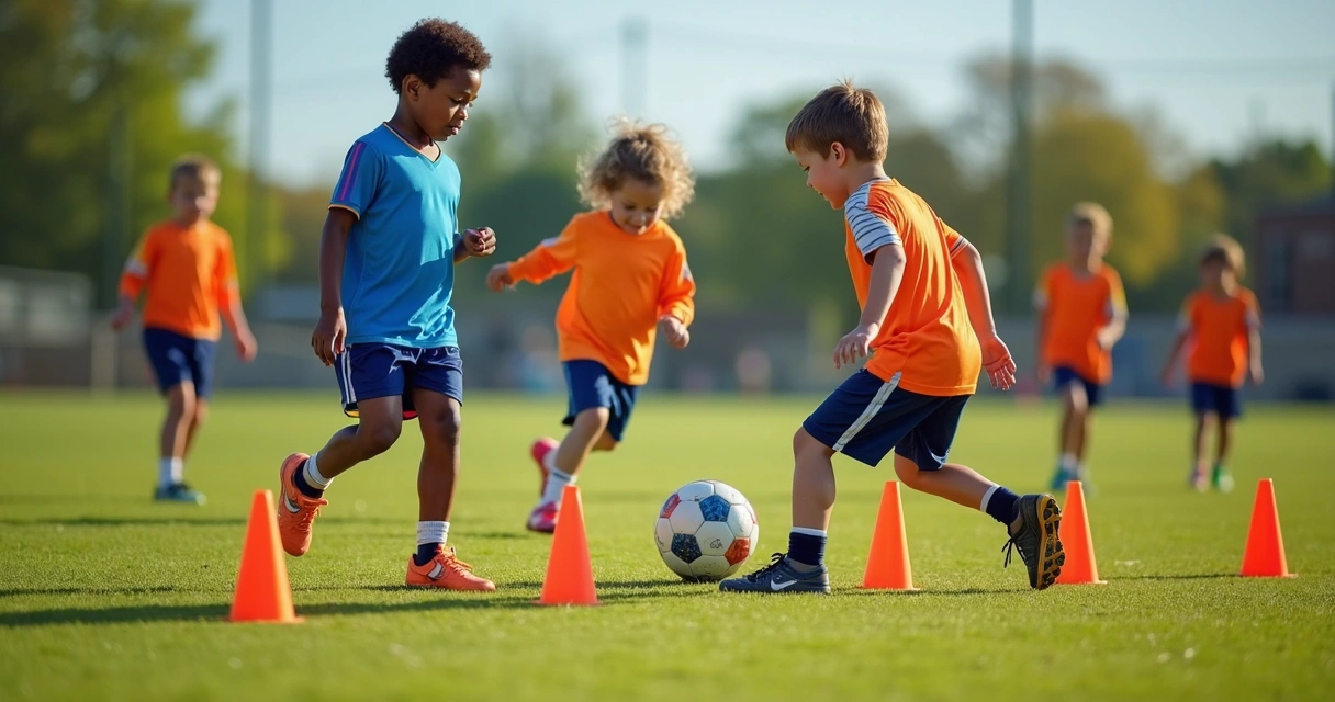 Crianças treinando em grupo com um técnico orientando individualmente