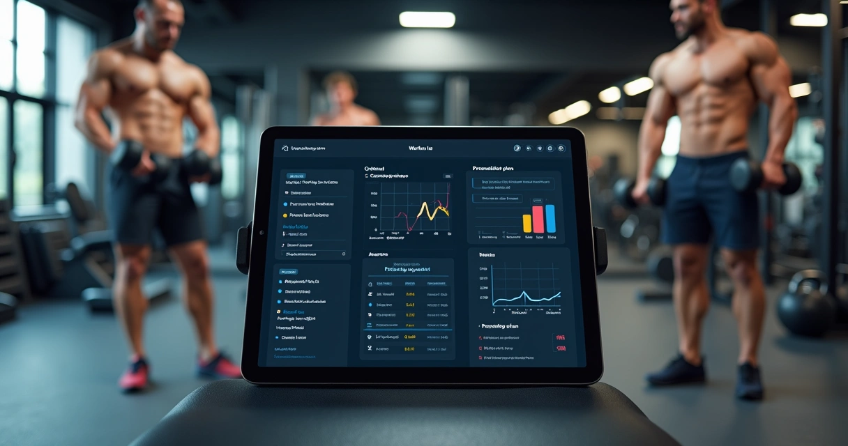 Comparação entre treino genérico e personalizado em tablet com gráficos de progresso na academia 