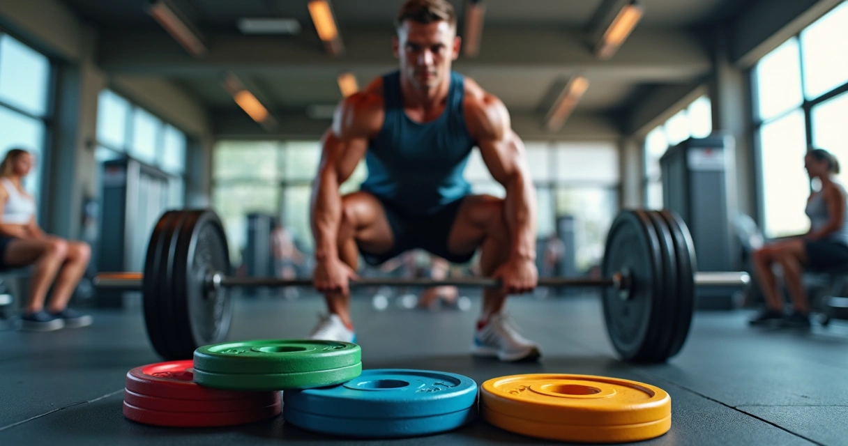 Pessoa treinando bíceps com barras ajustando cargas durante o treino 