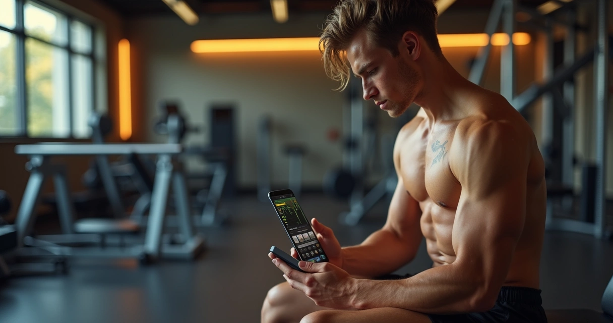 Jovem analisando plano de treino personalizado em celular na academia 