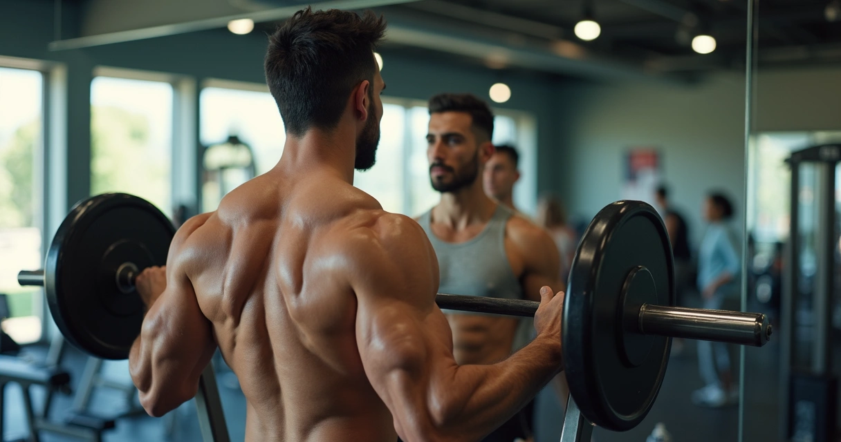 Homem treinando com pesos em academia clean