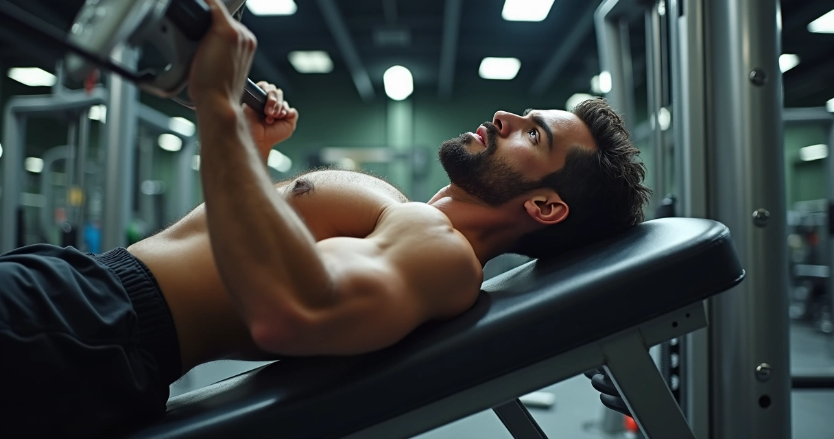 Homem fazendo supino inclinado em máquina na academia 