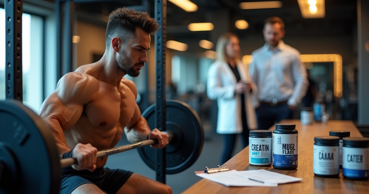 Homem treinando em academia moderna com suplementos e orientação profissional ao fundo 