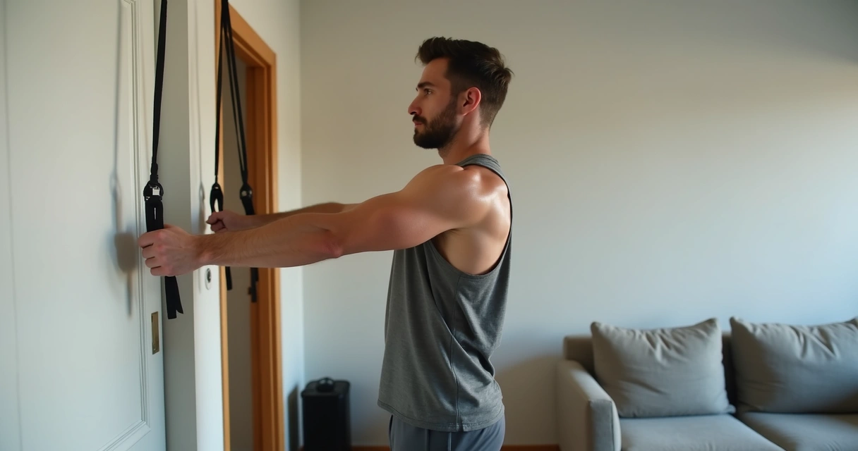 Homem treinando tríceps com elástico em casa