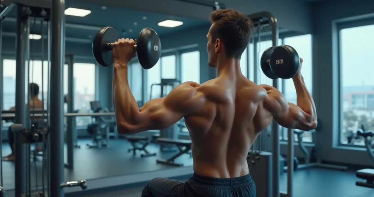 Pessoa treinando tríceps na academia com halteres