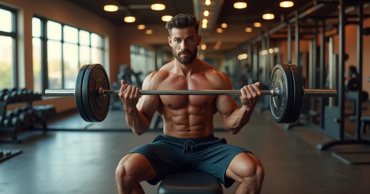 Homem executando tríceps testa com barra em um banco de academia 