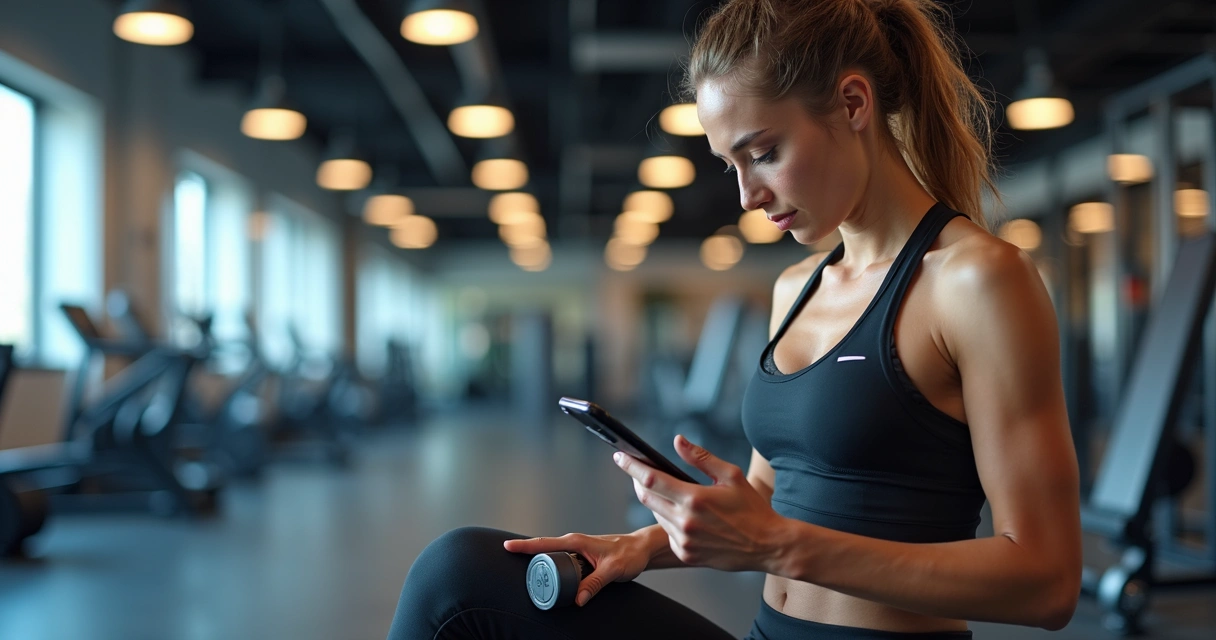 Mulher ajustando treino no app Union Fit enquanto se exercita na academia 