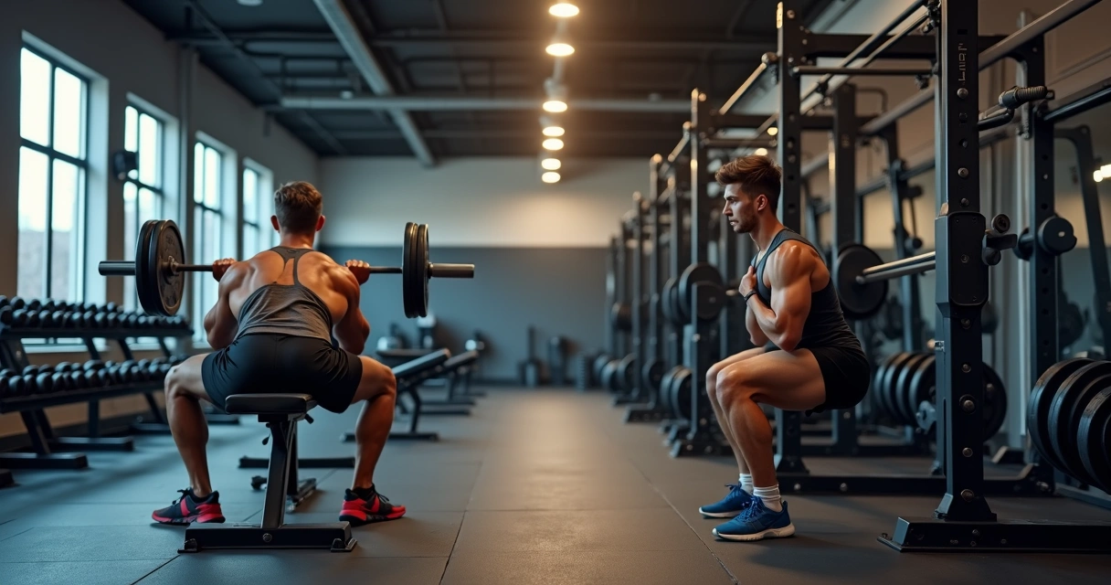Homem e mulher treinando membros superiores e inferiores em academia moderna 