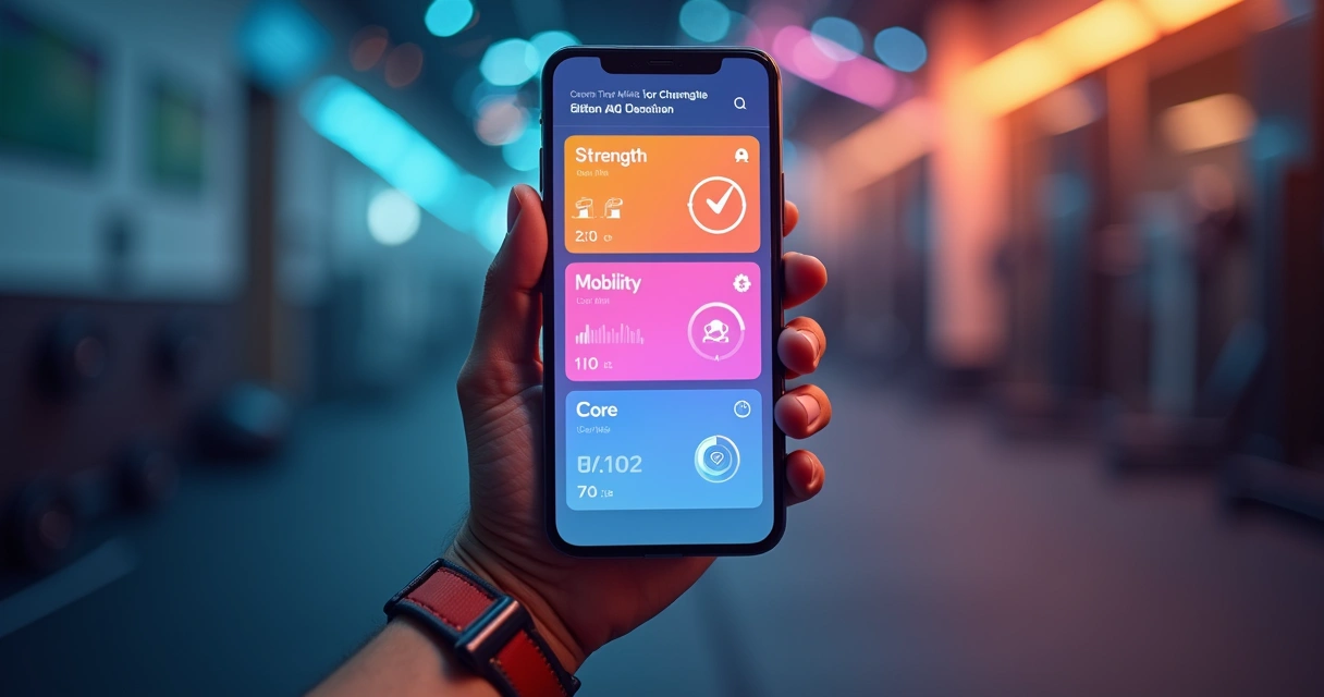 Pessoa escolhendo treinos variados em app de musculação no celular sobre fundo colorido dinâmico 