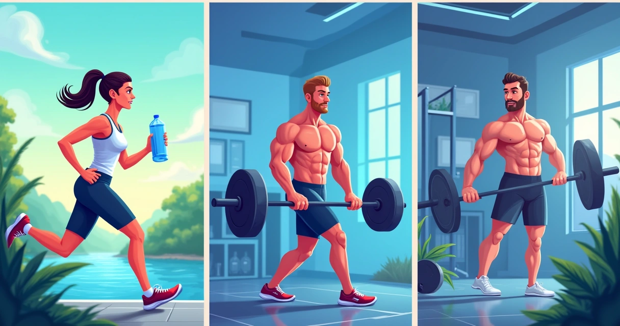 Homem correndo com botella de agua, homem levantando pesos em uma academia, equipe de crossfit exercitando-se.