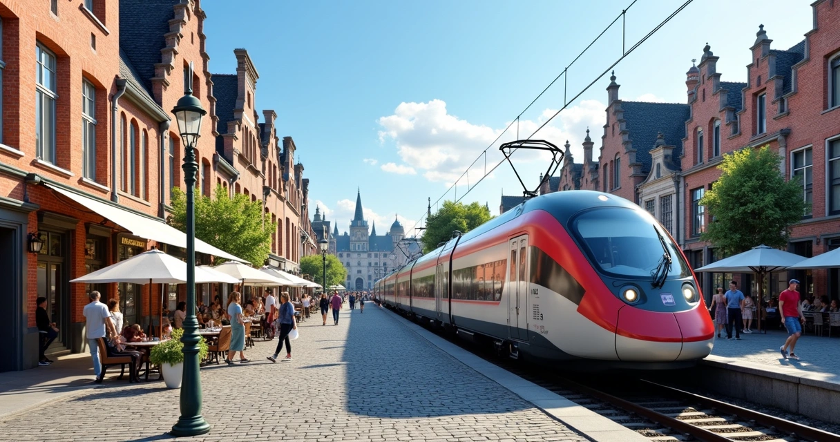 Trem moderno e colorido passando por paisagem urbana com prédios históricos e ruas movimentadas da Bélgica 