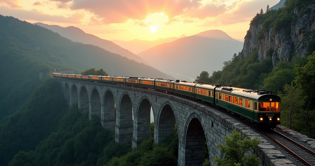 Trem de luxo atravessando ponte em paisagem de montanhas ao pôr do sol 